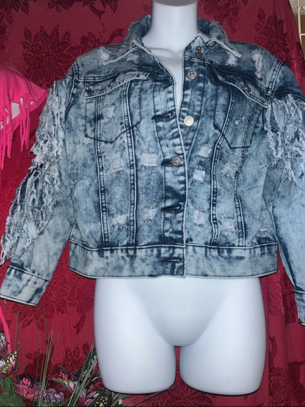Cropped Distressed Acid-Wash Denim Jacket - Light Grey/Blue